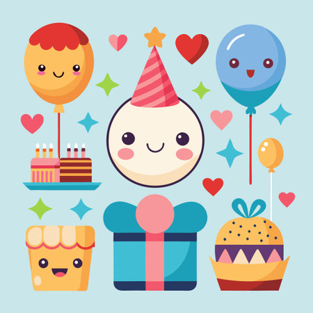 Cute cartoon birthday party decorations with balloons, cake, gifts, and a party hat.のイラスト素材