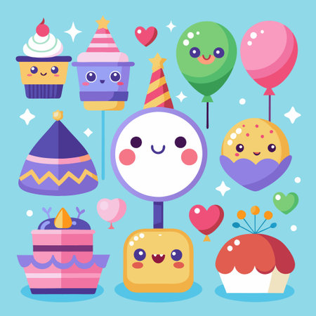 Cute cartoon birthday party elements with cake, cupcake, balloons and hearts.のイラスト素材
