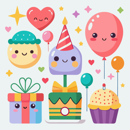 Cute birthday characters with balloons, heart, gift, and cupcake.のイラスト素材