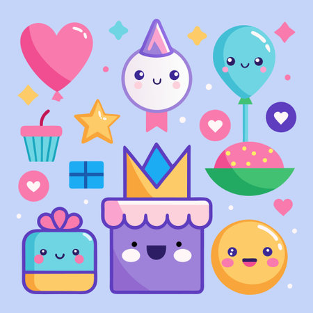 Cute cartoon birthday party icons with heart, balloons, gift, cake and stars.のイラスト素材