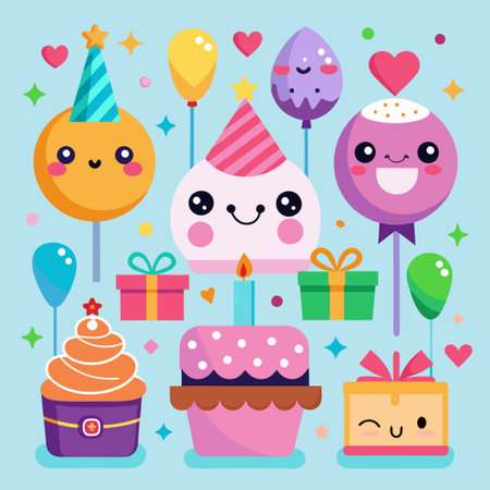 Birthday cake with cute cartoon characters like balloons, gifts, cupcakes, and lollipops.のイラスト素材