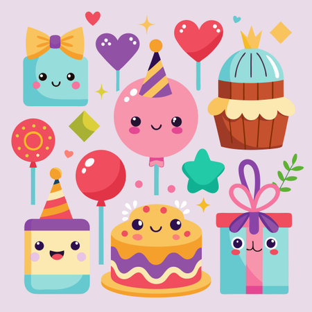 Cute cartoon birthday party elements with presents, cakes, balloons, and sweets.のイラスト素材
