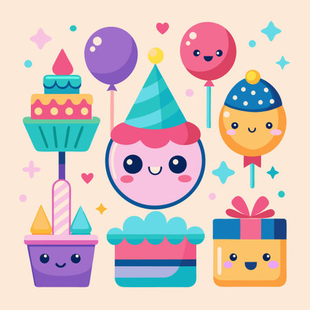 Cute cartoon birthday party elements with cake, balloon, gift, and candles.のイラスト素材