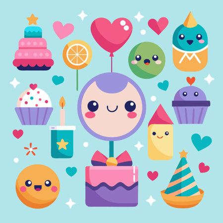 Cute birthday characters with hearts, cake, and candy.のイラスト素材