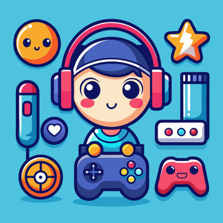 Cute cartoon gamer holding a game controller with headphones, joystick, star, heart, and other gaming icons.のイラスト素材