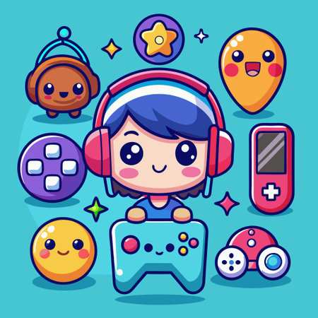 Cute girl playing video games with controller, headphones, and other gaming icons.のイラスト素材