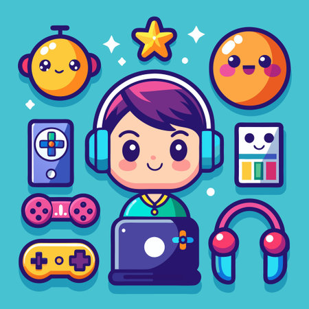 Cute cartoon character playing games with headphones and a laptop.のイラスト素材