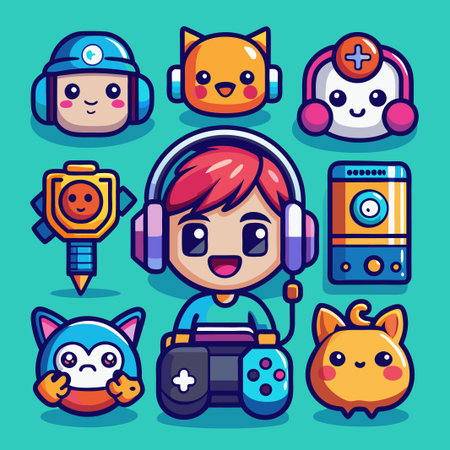 Cute cartoon characters playing video games with controllers, phones, and accessories.のイラスト素材