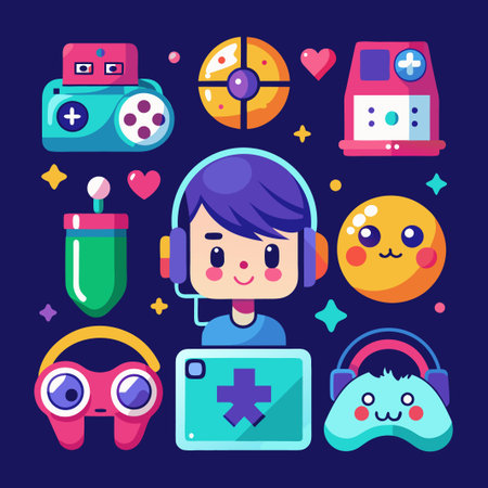 Cute gamer boy with different game icons, fun vector illustration.のイラスト素材