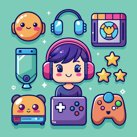 Cute gamer girl with gaming accessories and a gamepad in front of her.のイラスト素材