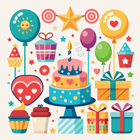 Colorful birthday celebration with cake, presents, balloons, and party hats.のイラスト素材