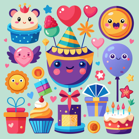 Cute cartoon birthday party elements with a festive theme.のイラスト素材
