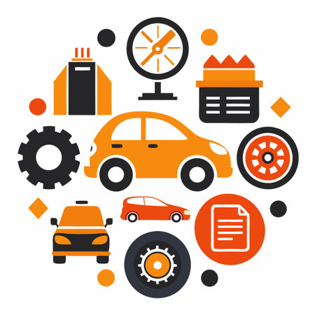Illustration of various car parts and automobiles.のイラスト素材