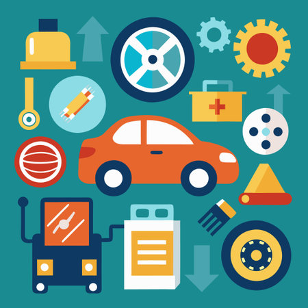 Colorful flat design car repair icons with red car in the middle.のイラスト素材