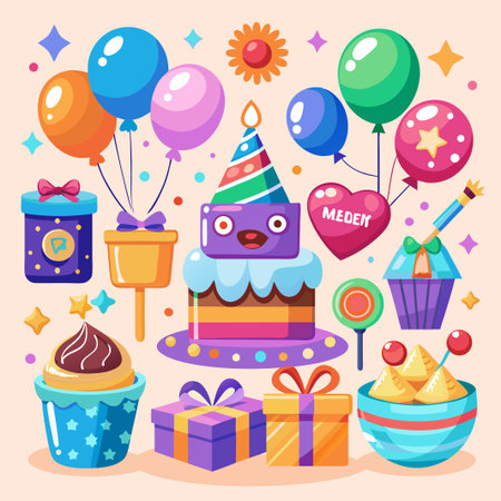 Birthday cake and balloons with gifts and decorations.のイラスト素材