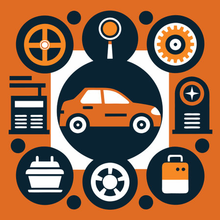 Orange Car with Icons in Orange, White, and Blue.のイラスト素材