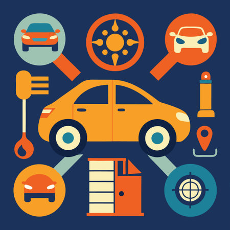 Abstract illustration of car surrounded by related icons.のイラスト素材