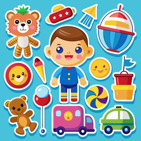 Colorful cartoon stickers with a boy and toys.のイラスト素材