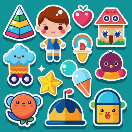 Cute cartoon stickers with a boy, house, and animals.のイラスト素材