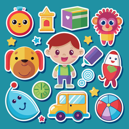 Colorful kid's stickers with a boy, dog, rocket, car, monkey, and more.のイラスト素材
