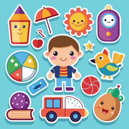 Cute cartoon stickers with boy, car, sun, bird, and more.のイラスト素材
