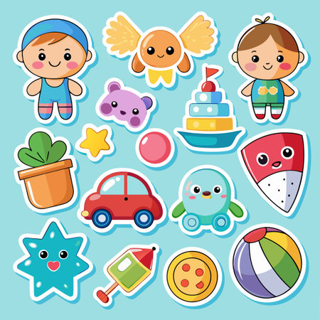 Colorful Stickers with Cute Characters and Toys.のイラスト素材