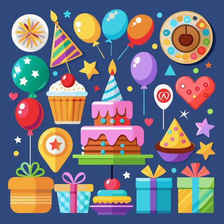 Colorful birthday party elements cake, balloons, gifts, and cupcake.のイラスト素材