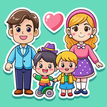 Happy family of four with a heart in the background.のイラスト素材