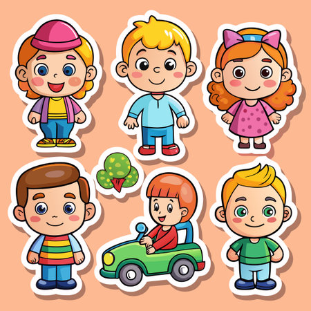 Cartoon children stickers set with kids, car and tree.のイラスト素材