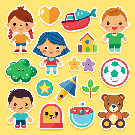 Colorful Stickers of Cute Children, Animals, and Objects.のイラスト素材