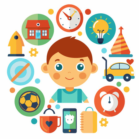 Happy boy surrounded by colorful icons of everyday activities and objects.のイラスト素材