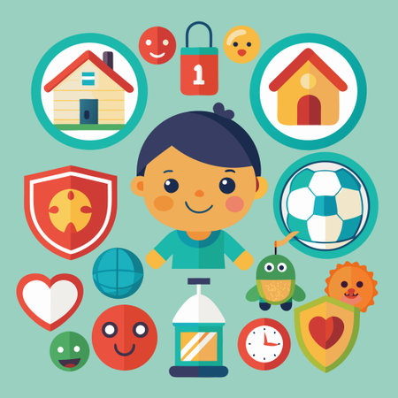 Colorful icons of a smiling boy, a house, a heart, a clock, a shield, a soccer ball, a lantern, and a toy turtle.のイラスト素材