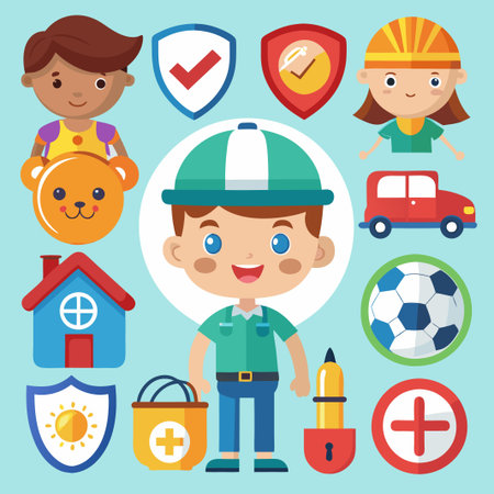 Happy kid in green t-shirt with icons like house, car, teddy bear, soccer ball, first aid kit, plus sign, shield.のイラスト素材