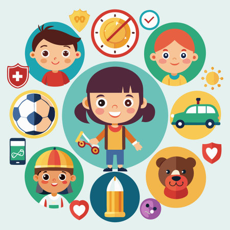Cute cartoon girl with a toy car in the center of the circle icons.のイラスト素材