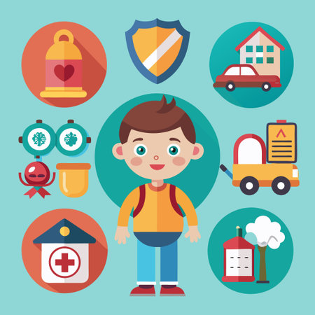 Cute boy character with flat design icons around him, including house, car, bell, shield, and other icons.のイラスト素材