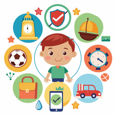 Happy smiling boy surrounded by colorful icons depicting everyday activities, objects, and concepts.のイラスト素材