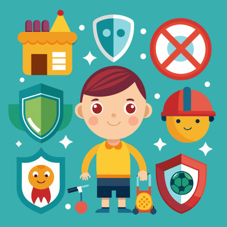 Smiling boy with shields, helmet, and toys on blue background.のイラスト素材