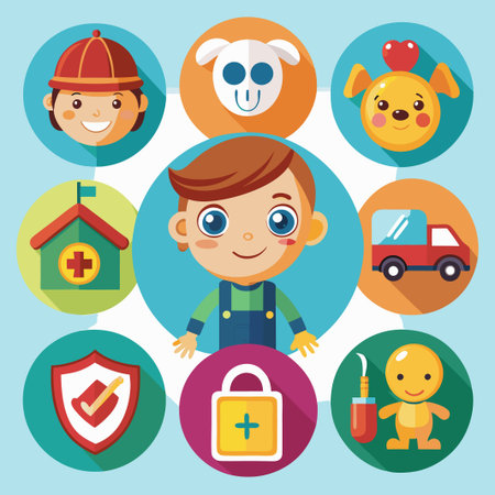 Boy character surrounded by icons of toys, safety and care.のイラスト素材