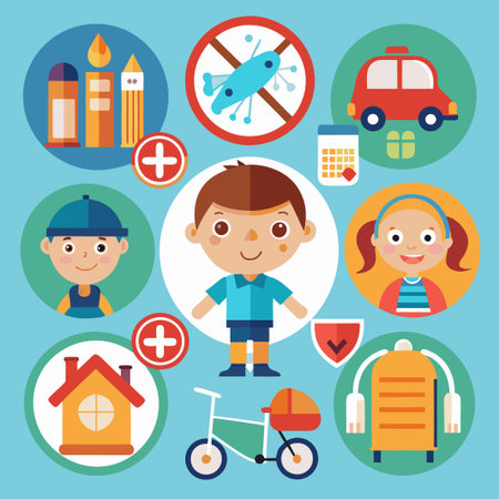 Colorful cartoon icons of a boy, a girl, a house, a bicycle, a car, a calendar, a shield, a backpack, pencils and a stop sign.のイラスト素材