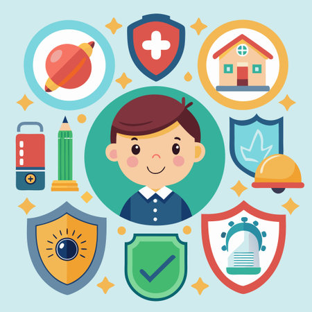 Boy surrounded by safety icons, representing education, health and home safety.のイラスト素材