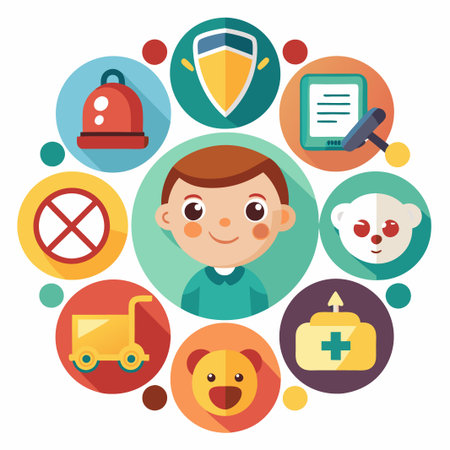 Cute boy surrounded by icons representing his everyday life.のイラスト素材