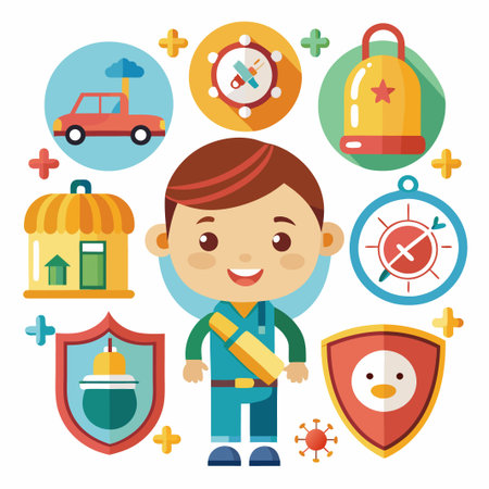 Happy boy with a shield protects against viruses.のイラスト素材