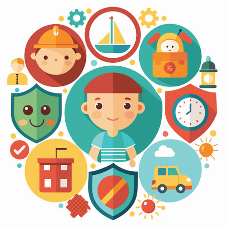 Colorful icons for kid's safety, education, transportation, and fun activities.のイラスト素材