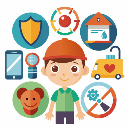 Happy boy surrounded by icons representing safety, security, health, and communication.のイラスト素材