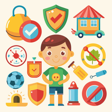 Happy boy with different safety icons on white background.のイラスト素材