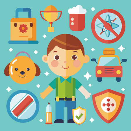 Happy boy with various colorful icons.のイラスト素材