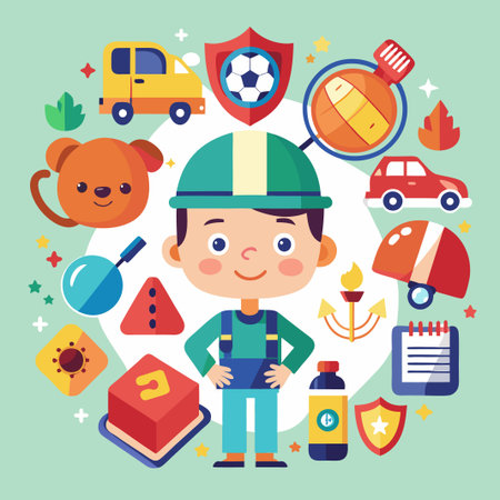 Smiling boy surrounded by various kid-friendly objects like toy car, magnifying glass, bear, and a soccer ball.のイラスト素材