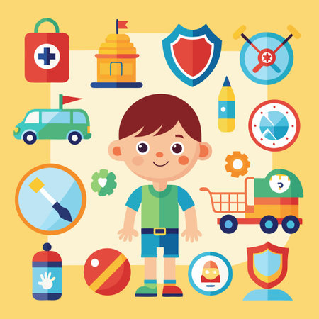 Happy boy surrounded by colorful flat icons, representing different activities and objects.のイラスト素材