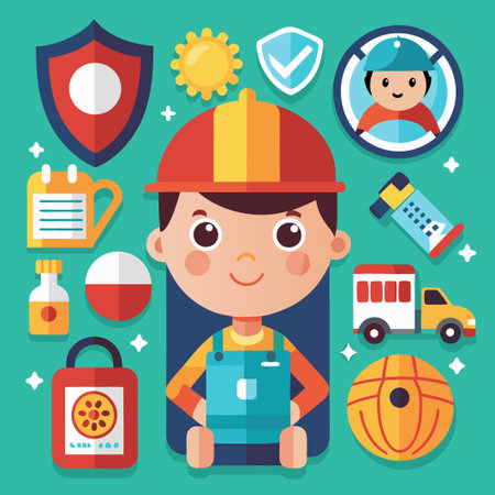 Happy cartoon worker with a hard hat and overalls sitting.のイラスト素材