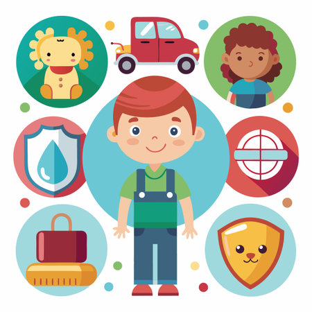 A smiling boy in overalls surrounded by colorful icons representing safety, security, and childhood.のイラスト素材